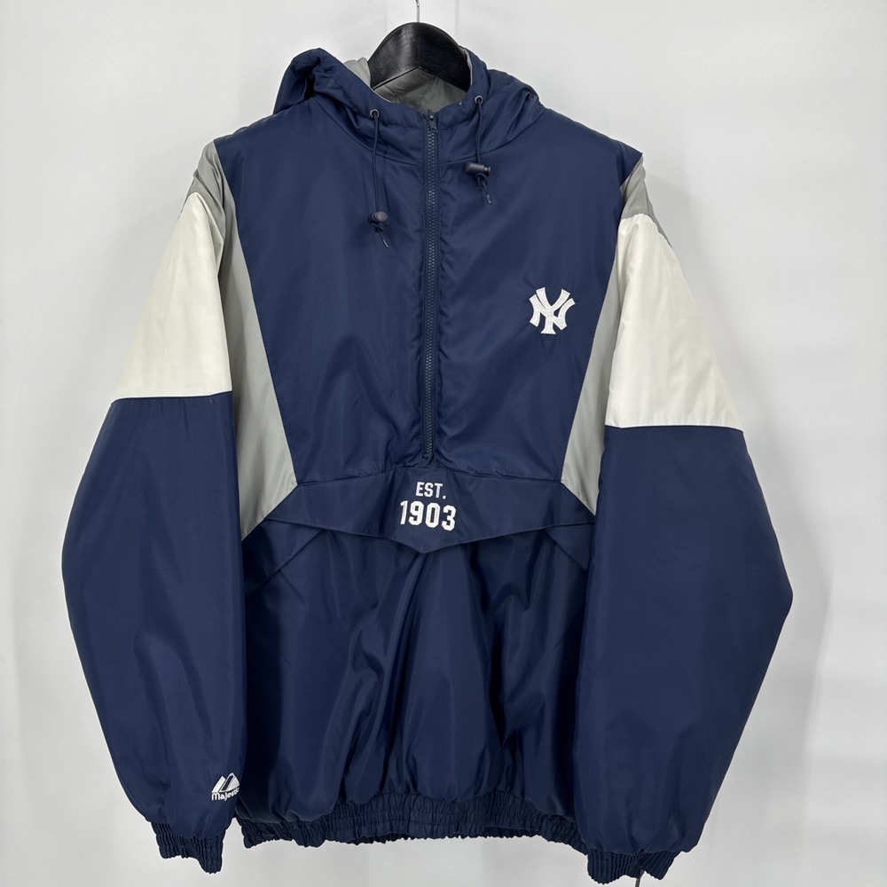 Majestic NY Yankees 1/2 Zip Big Logo VTG Pullover Coat With Hood Exceptional XL